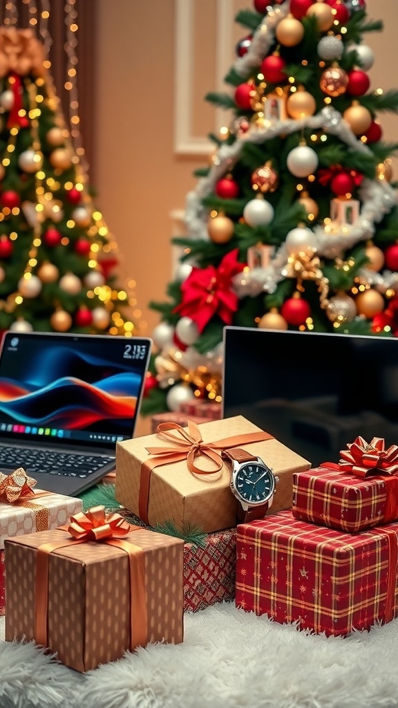 A festive Christmas display with high-end gifts including a laptop, watch, and TV.